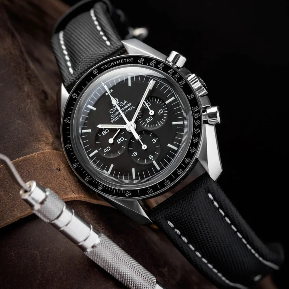 Artem Classic Sailcloth Watch Strap - Black with White Stitching